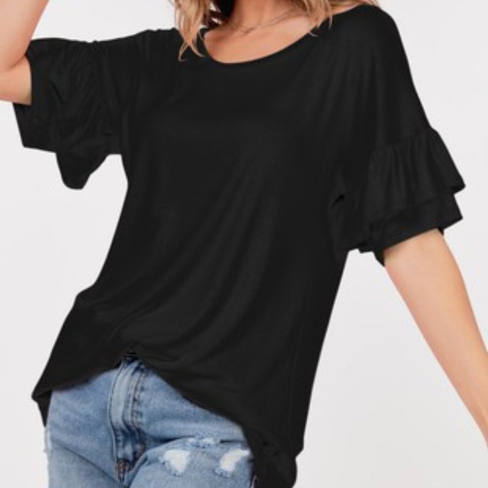 Round Neck Top W/ Short Ruffle Sleeves